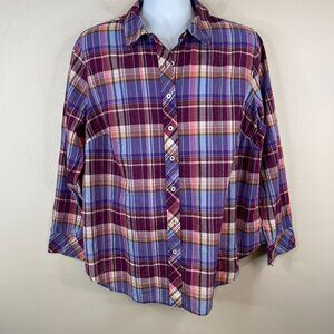 Talbots Womens Plaid Camp Shirt Top Size 2X Purple Button Metallic Preppy Hiking